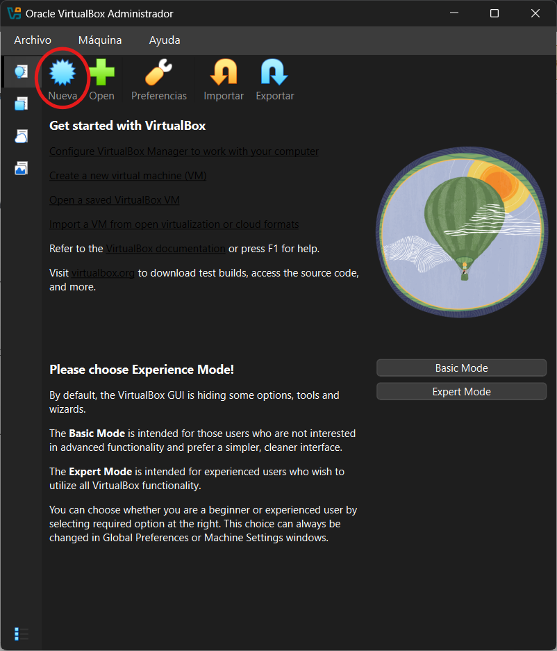 pantalla principal de VirtualBox