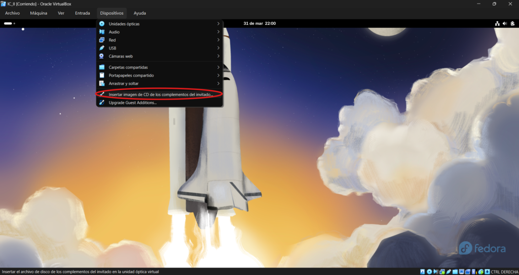 menú Dispositivos de VirtualBox con la opción seleccionada