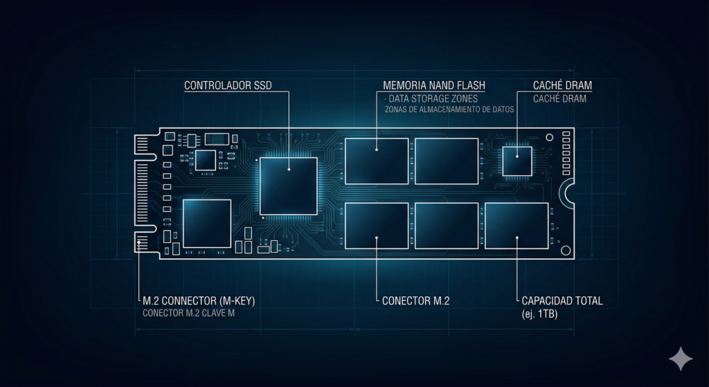 Ilustración técnica de un disco SSD moderno, vista superior, estilo diagrama minimalista, fondo oscuro