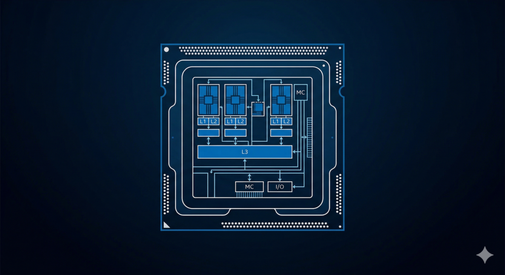 Ilustración técnica minimalista de un procesador CPU, estilo diagrama, fondo oscuro, colores azul y blanco, sin texto