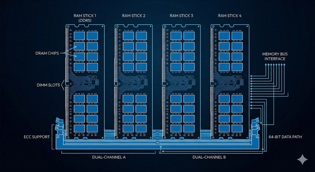 Ilustración minimalista de módulos de memoria RAM en una placa base, estilo técnico, fondo oscuro, tonos azules