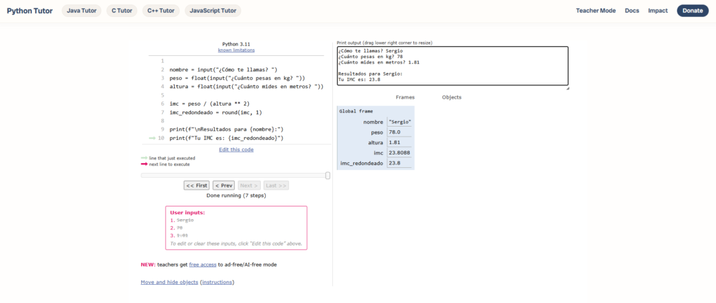 Variables y tipos de datos en Python práctica con pythontutor