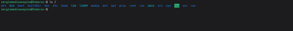 ls / mostrando los directorios raíz de Fedora