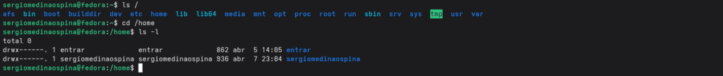 ls / mostrando los directorios raíz de Fedora