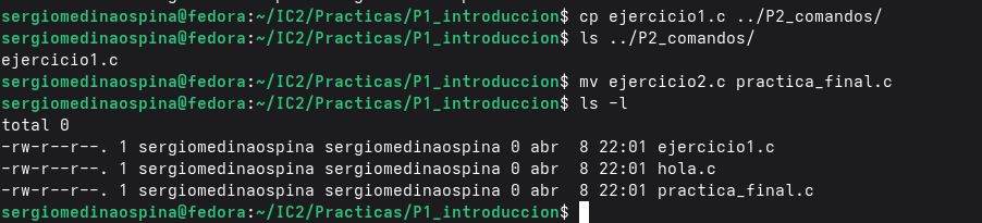 cp y mv en acción con ls verificando el resultado