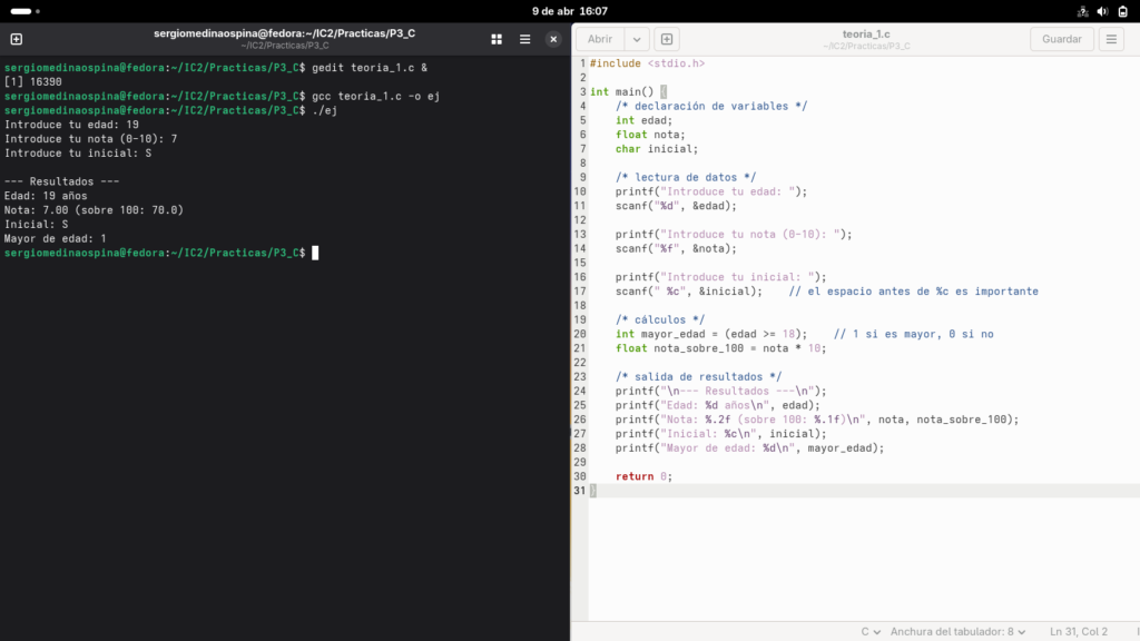 programa completo compilado y ejecutado en Fedora