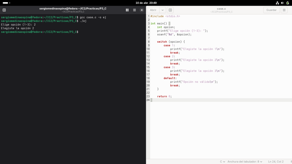switch/case en gedit con su salida