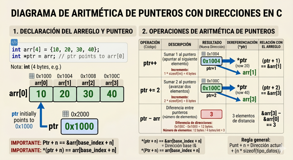 diagrama de aritmética de punteros con direcciones