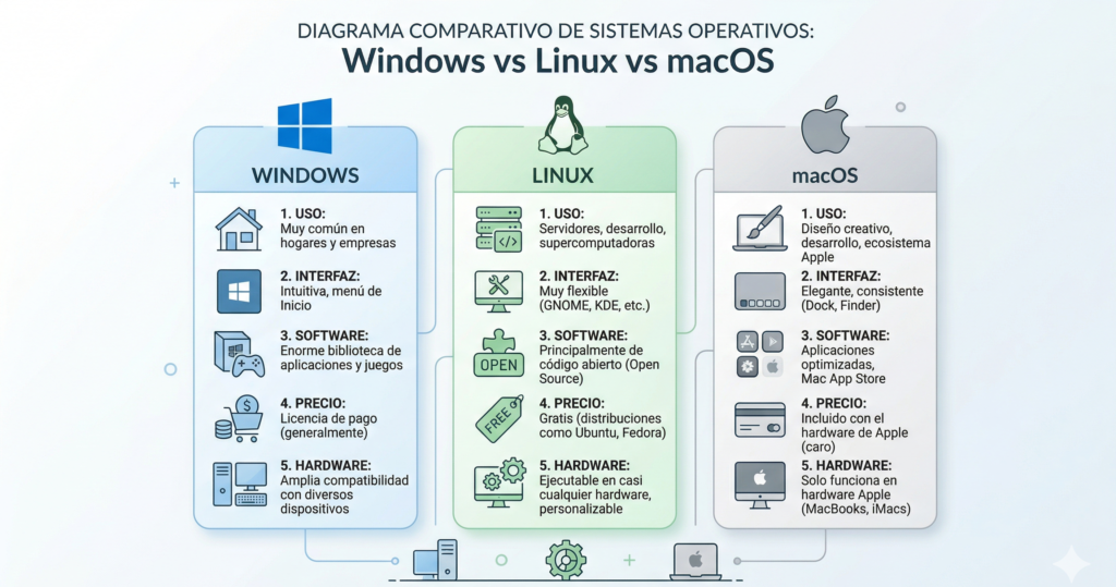 diagrama comparativo Windows vs Linux vs macOS