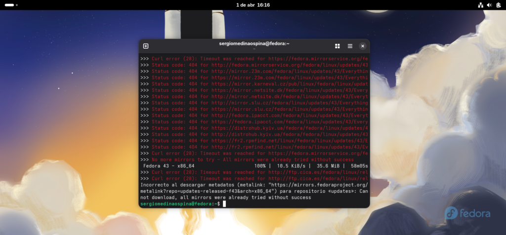 terminal con los paquetes instalando y timeouts en rojo