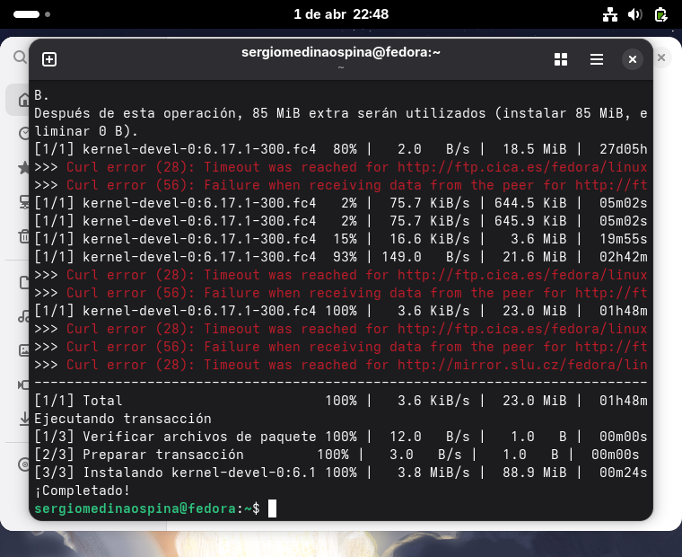 instalación completada con ¡Completado!