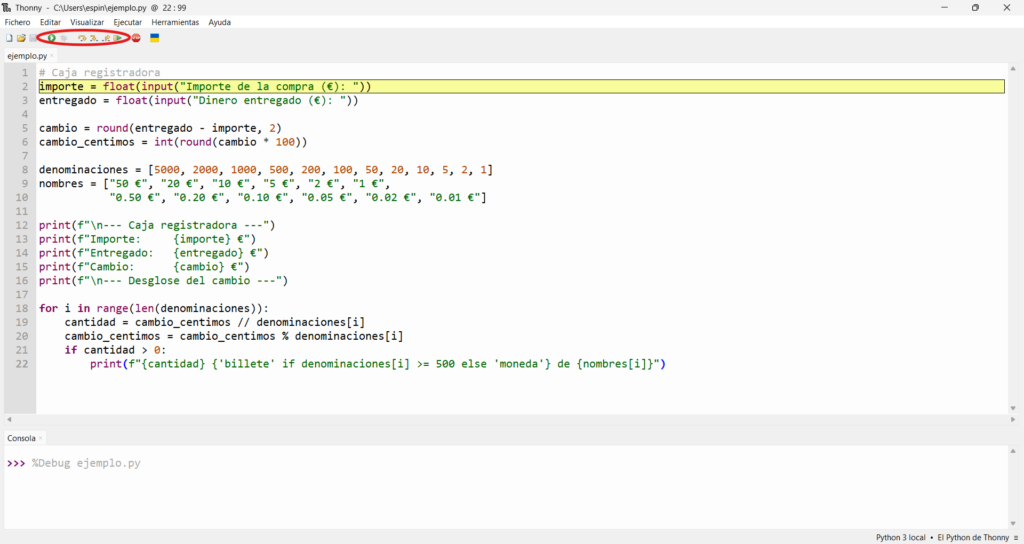 depurar en python usando Thonny