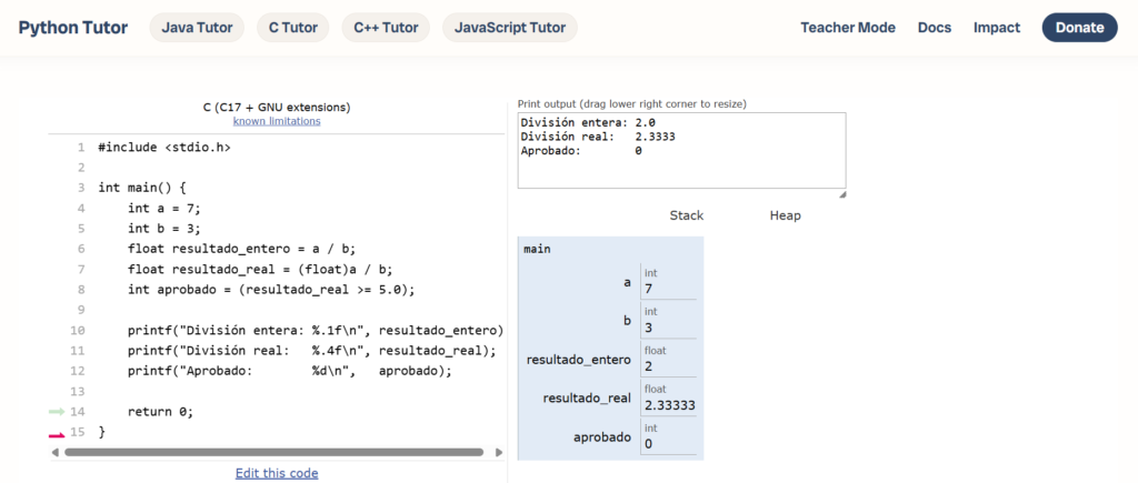 tipos y variables en C práctica usando Python Tutor