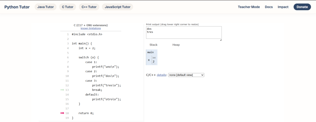 Python Tutor mostrando el fall-through del switch
