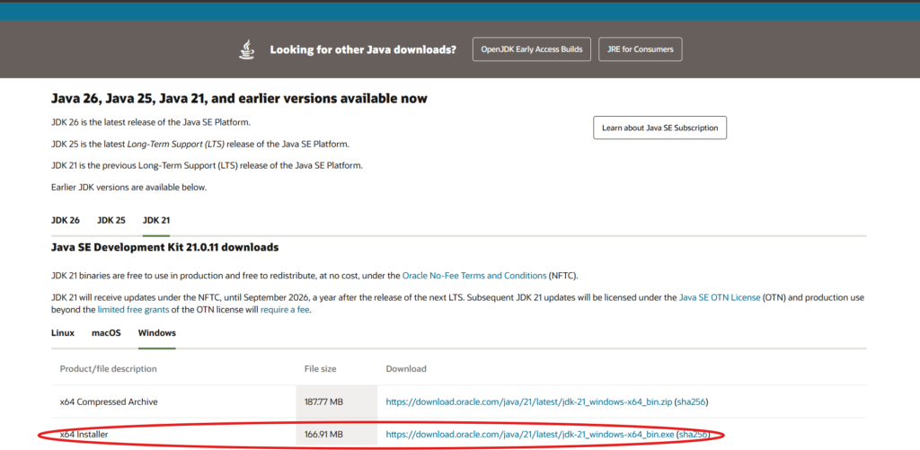 Descargar el JDK 21 en Oracle