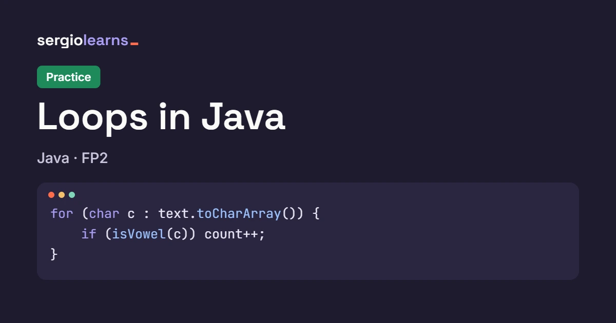 Cover image for the Java Loops Practice article, Java category, with a Java for-each code snippet