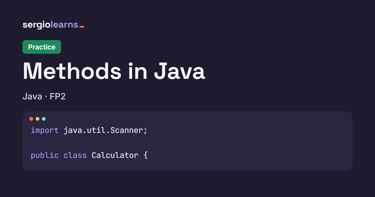 Cover of the article Methods in Java practice, in green, with a code snippet of a method