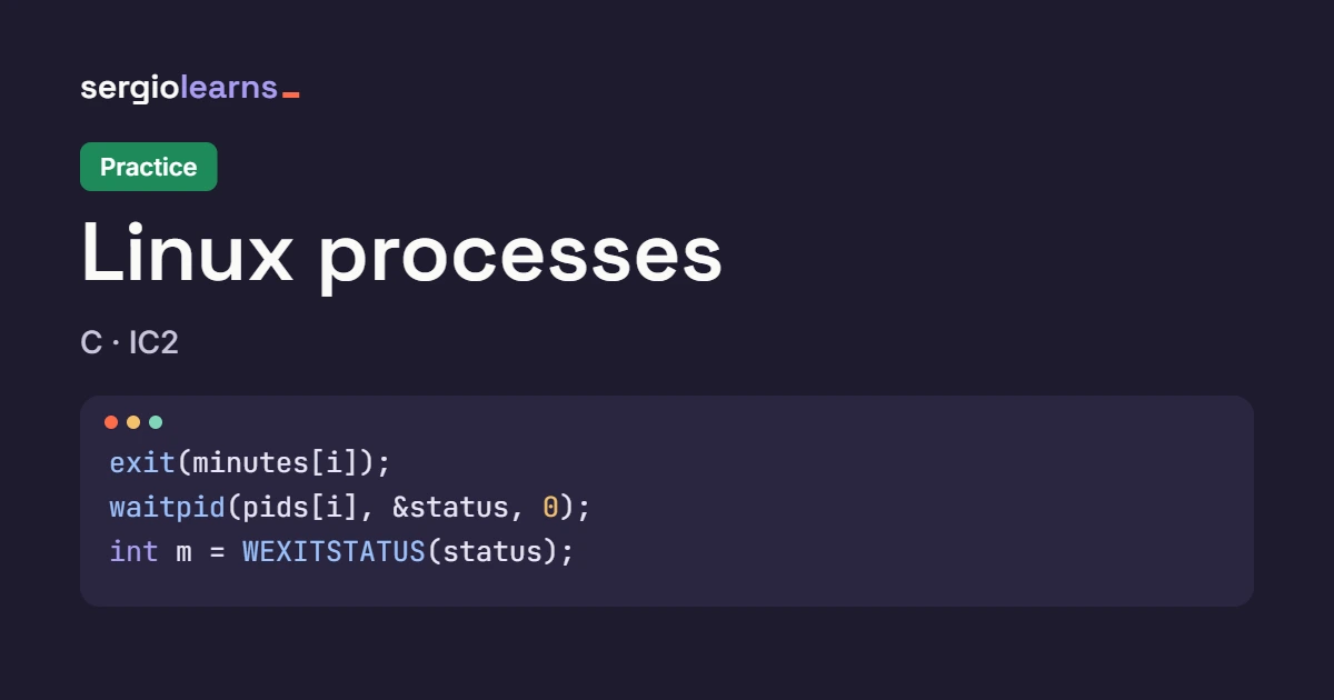 Cover of the Linux processes in C practice with a code snippet using exit(), waitpid() and WEXITSTATUS