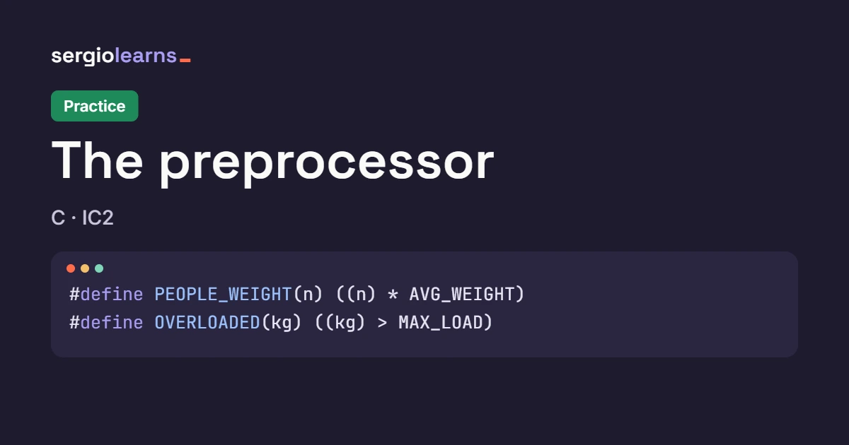 Cover of the C preprocessor practice with the PEOPLE_WEIGHT and OVERLOADED macros from the lift panel
