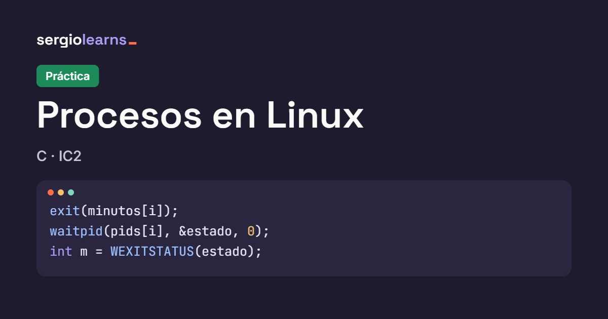 Portada de la práctica de procesos en Linux con C con un fragmento de código de exit(), waitpid() y WEXITSTATUS
