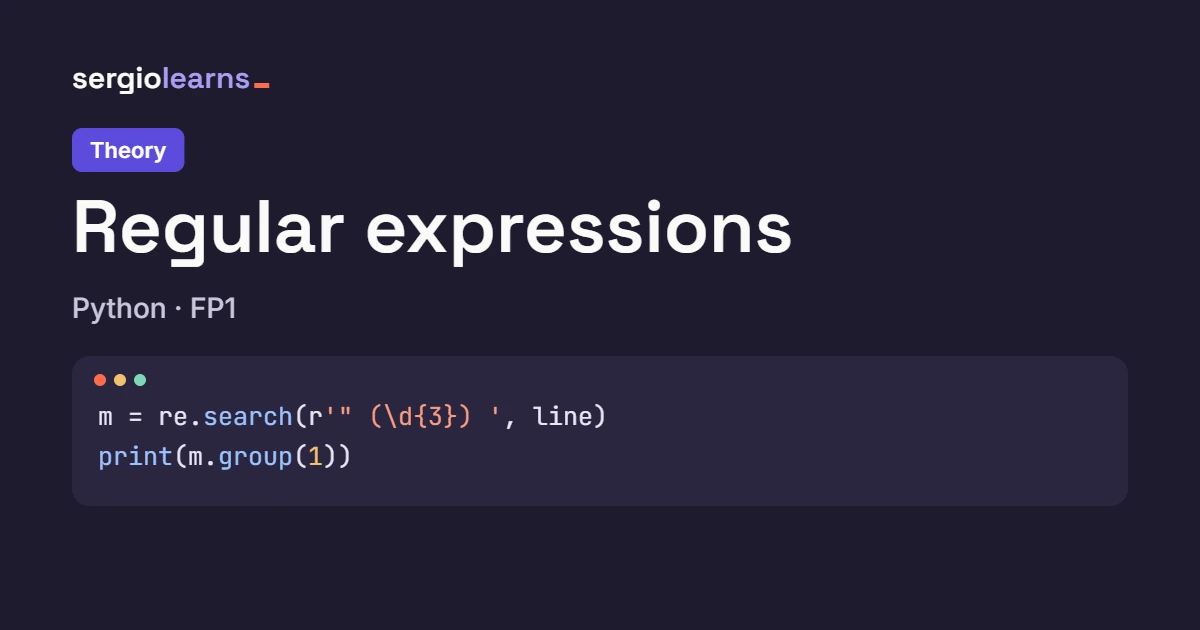 Cover of the Python regular expressions theory with a code snippet that finds the HTTP code of a log line with re.search