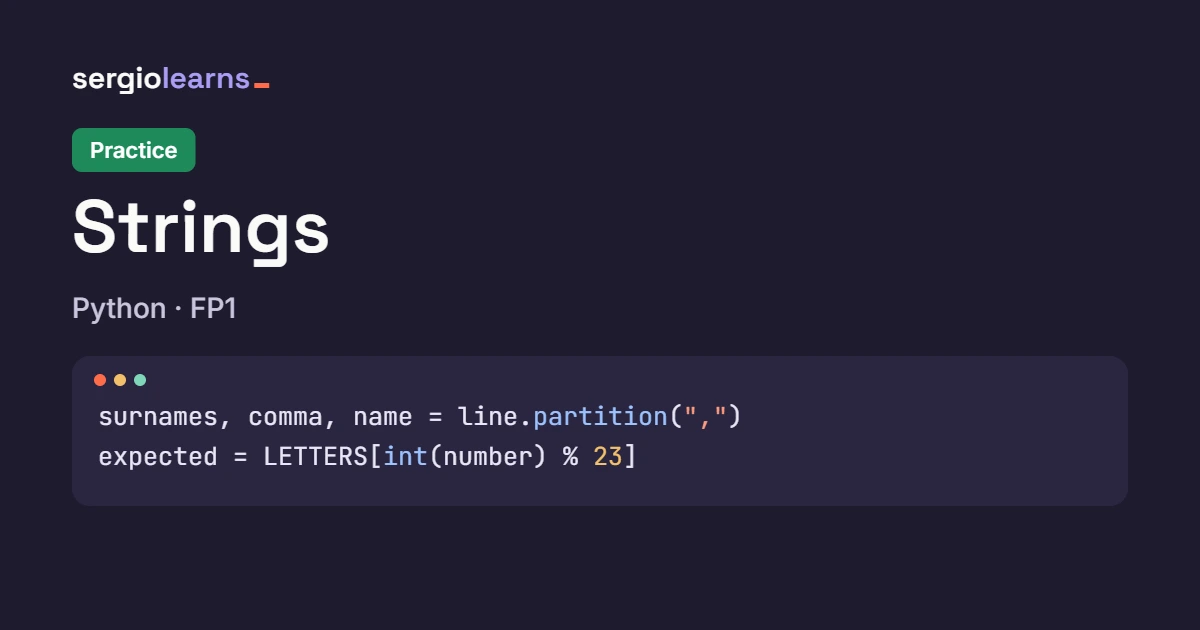 Cover of the Python strings practice with code that splits a line with partition and works out the DNI letter