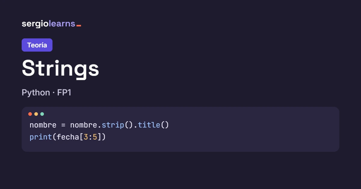 Portada de la teoría de strings en Python con un fragmento de código que limpia un nombre con strip y title