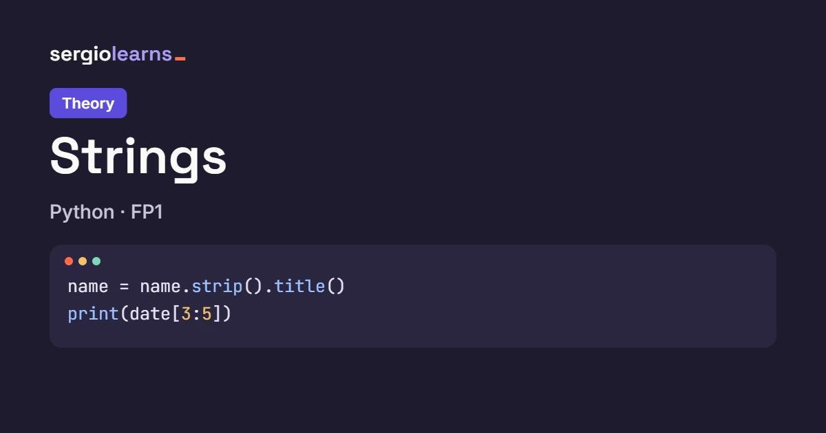 Cover of the Python strings theory with a code snippet that cleans a name with strip and title