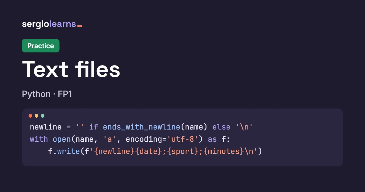 Cover of the Python text files practice with a code snippet that appends a session to the diary in mode a