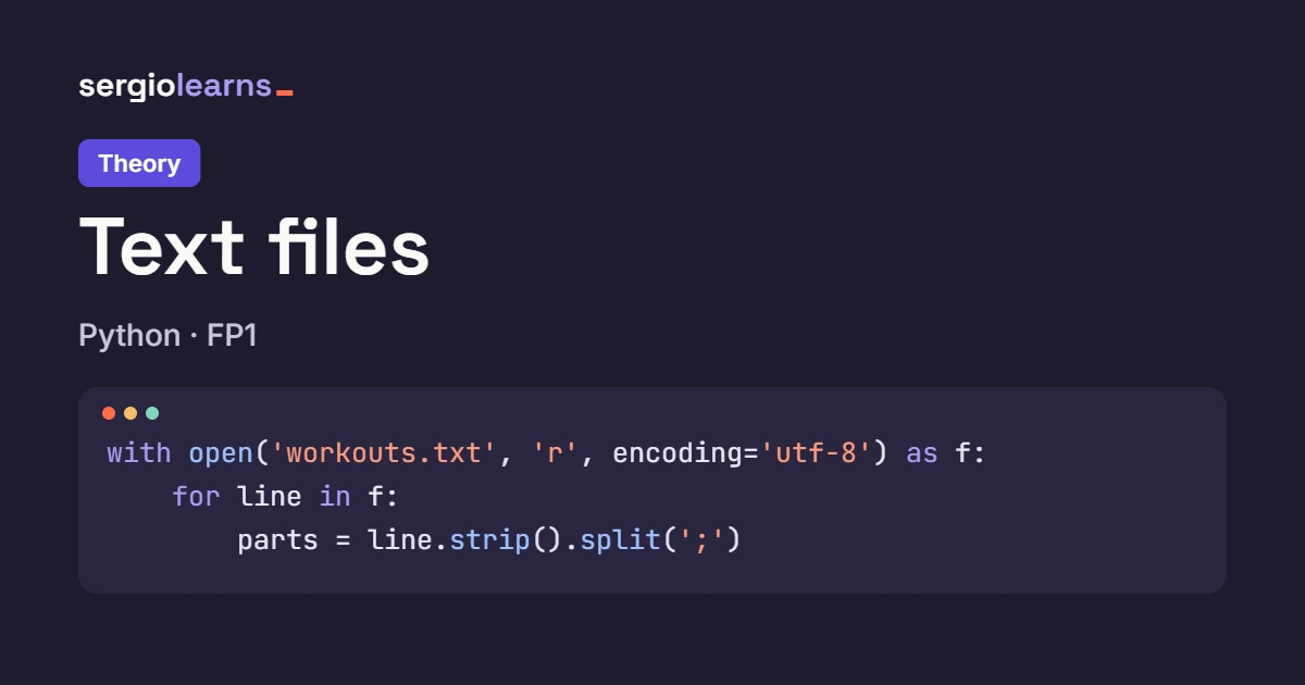 Cover of the Python text files theory with a code snippet that opens workouts.txt with with and loops over it line by line